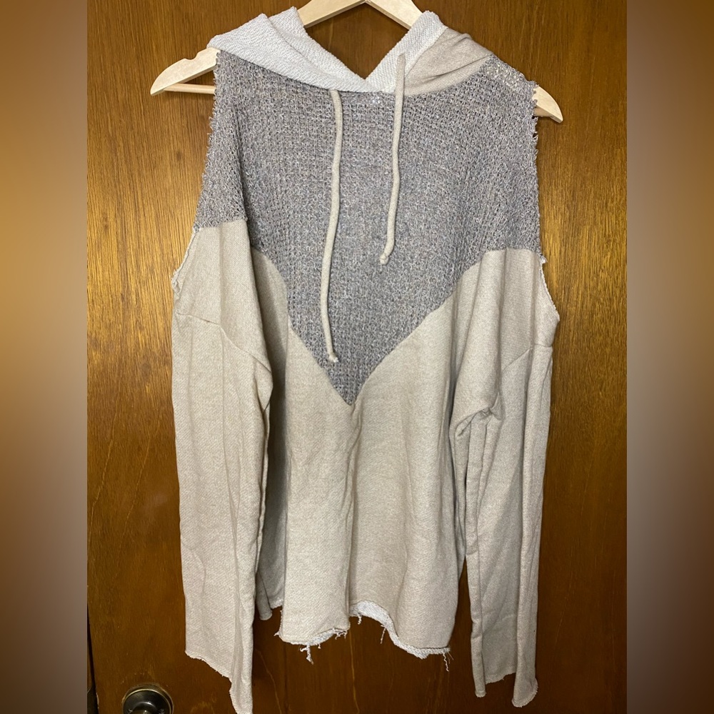 New. Tan. Cold Shoulder. Frayed Edges. Hoodie.  Small.